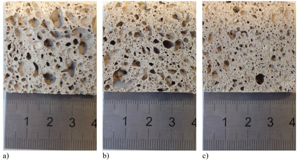 Figure 8 Pores size of geopolymer foams with various content of reinforcing fibre a) 10%, b) 30%, c) 50 % (total image width: 40 mm).