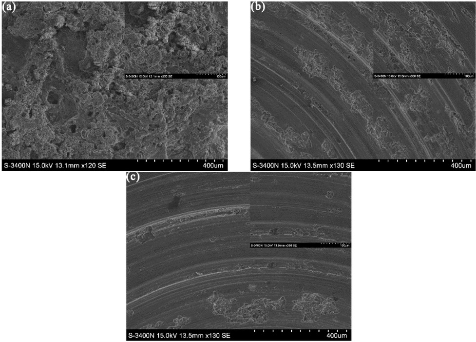 Figure 13 SEM photographs of machined surface: (a) Produced by non-abrasive round electrode; (b) Produced by abrasive round electrode; (c) Produced by abrasive shaped electrode.