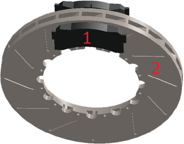 Figure 1 Disc brake friction pair: 1 - brake pads and 2 - corresponding brake disc