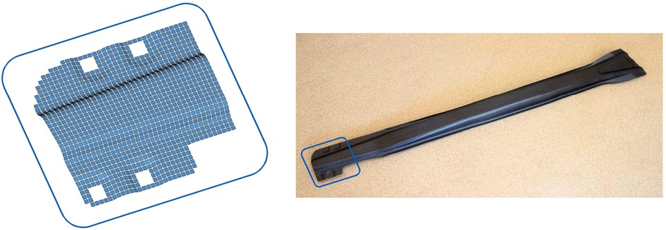 Figure 7 Door beam and a fragment of its surface model with visible four-node finite elements.