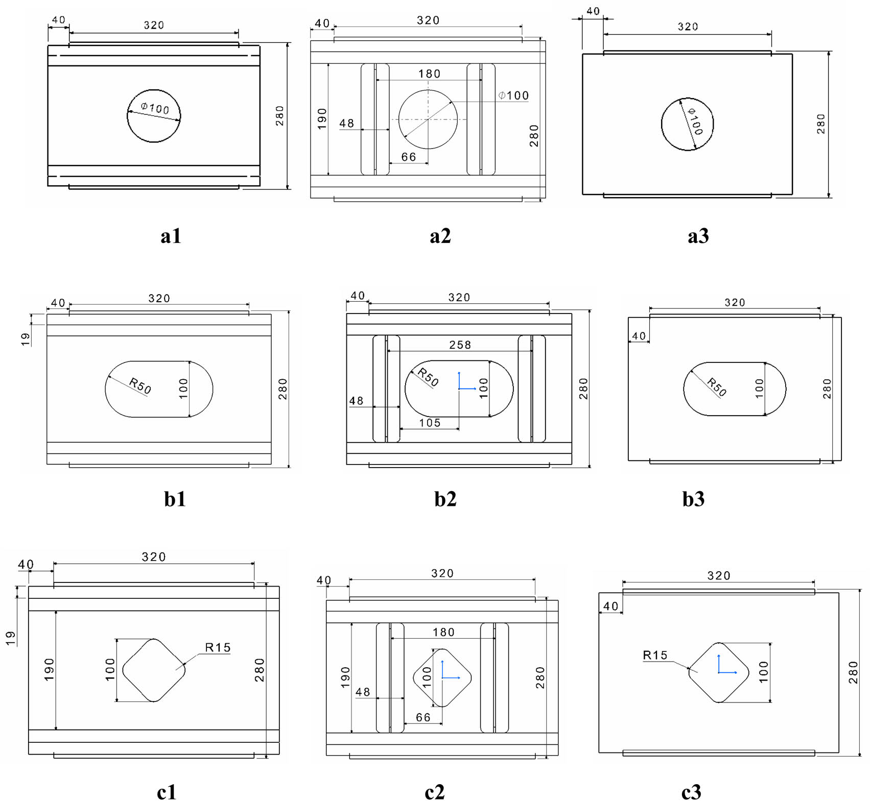 Figure 2
Samples for the experiments. a1, b1, and c1: samples with circular, oblong, and rhombic openings; a2, b2, and c2: those reinforced by ribs; a3, b3, and c3: those reinforced by thickening the web. In sub-figures a2, b2, and c2 of Figure 2, the dimensions and the positions of the ribs used for reinforcement are shown in detail.