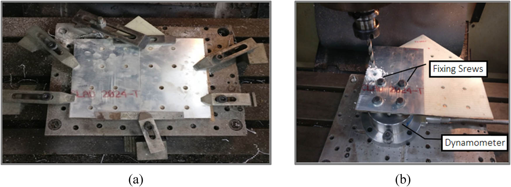 Figure 1 
                  (a) Drill holes for fixing the hybrid composite plate and (b) experimental setup.
               