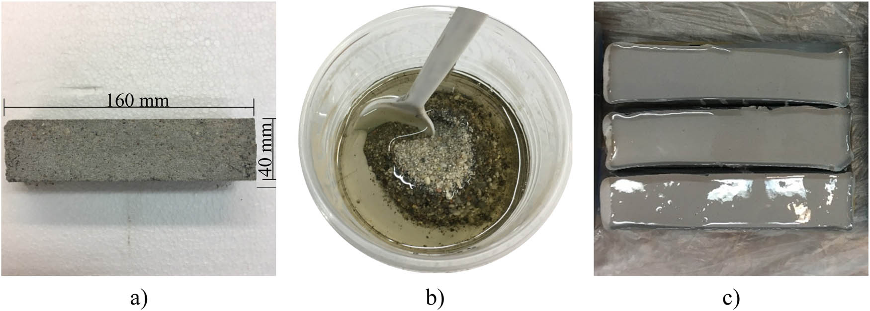 Figure 2 
                  Preparation process of the samples: (a) cementitious substrate; (b) mixing of epoxy resin components; (c) samples after applying epoxy resin.
               