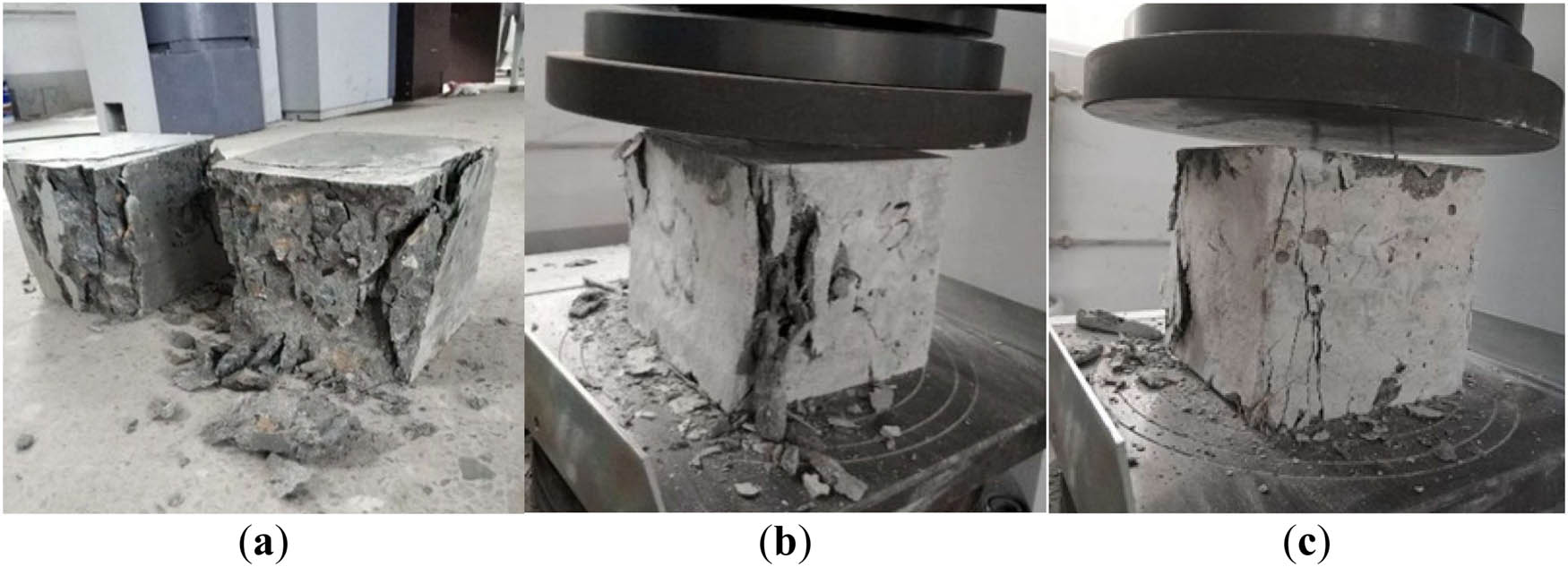 Figure 7 
                  Damage patterns of specimens after cubic compressive strength test: (a) C, (b) S3, and (c) S5.
               