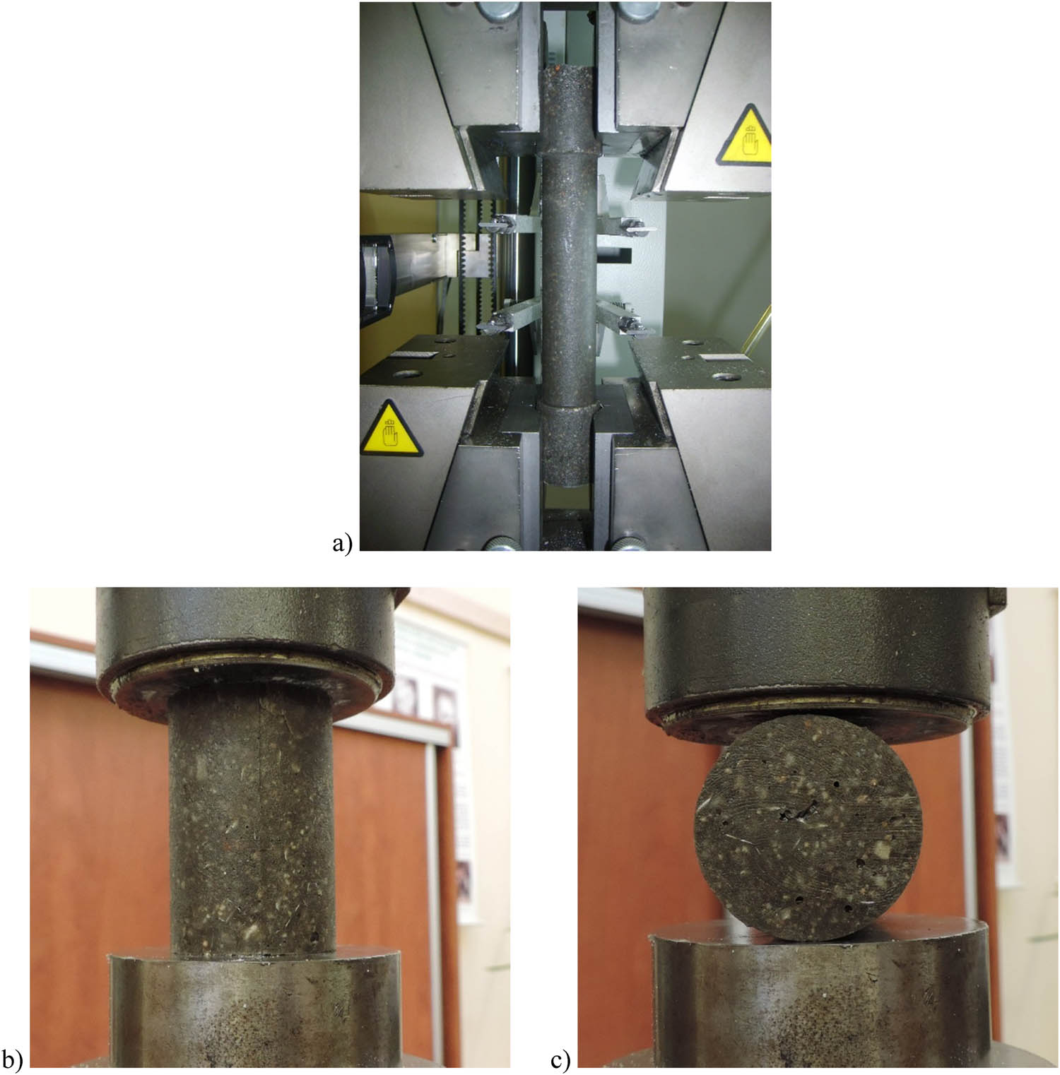 Figure 2 
               Views of specimens mounted in measuring apparatus (a) for tensile strength, (b) for compressive strength, (c) for splitting tensile strength.
            