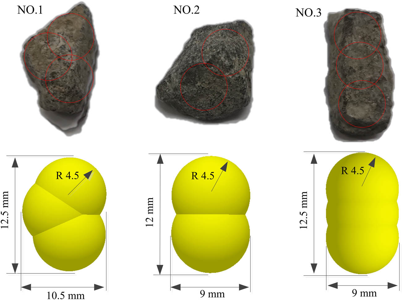Figure 2 
                  Particle shape representation for DEM modeling of gravel. Non-spherical particles models based on a multisphere method for gravel [2].
               