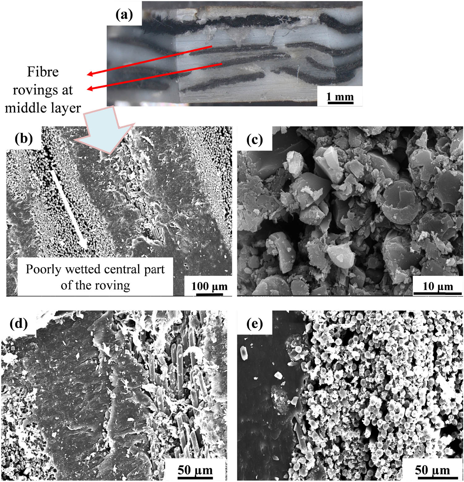 Figure 6 
                  (a) The cross-section of the UDCF composite after smoothing with a microtome, (b–e) SEM images. Note the completely wetted (sides) and unwetted (central) parts of the fibre rovings.
               