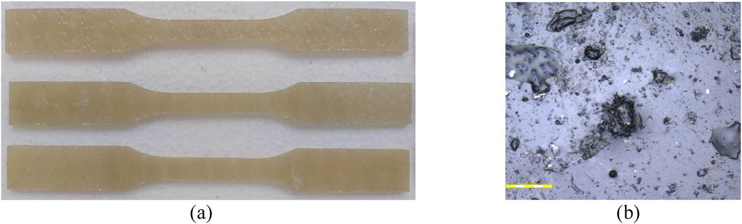 Figure 4
View of samples without the addition of recyclate (a) and structure of the K0 composite at magnification 50× (b).