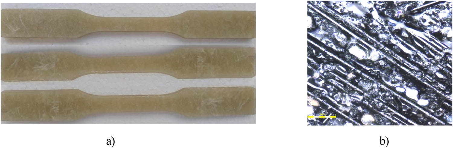 Figure 5
View of samples with 10% recyclate content (a) and structure of the K10 composite at magnification 50× (b).