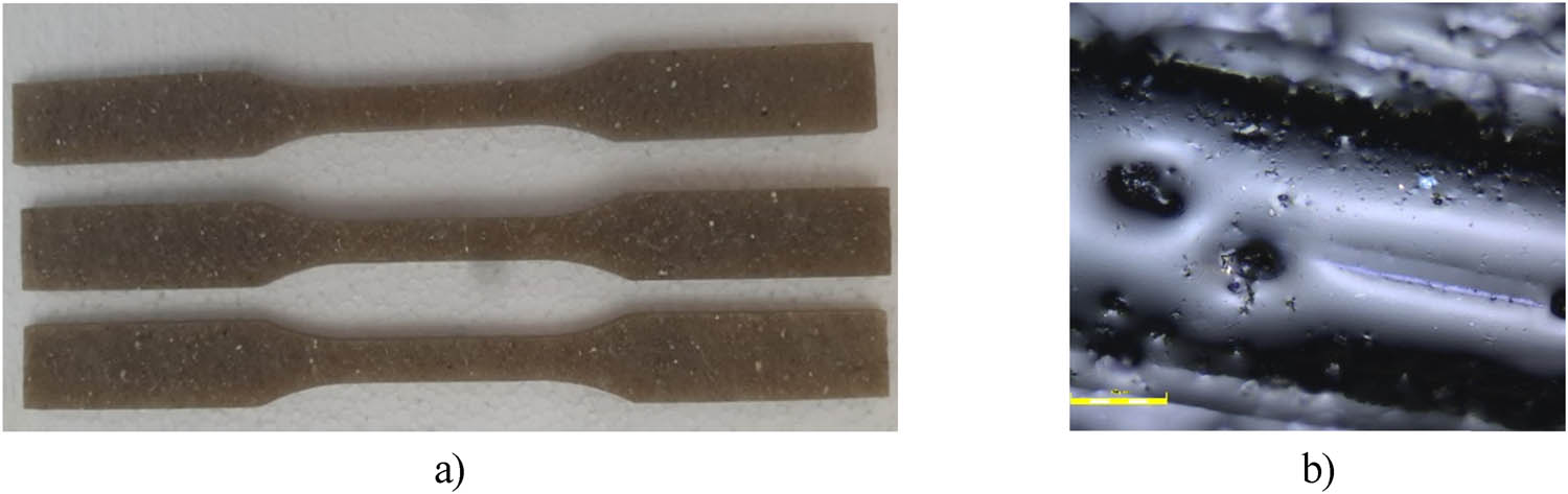 Figure 6
View of samples with 20% recyclate content (a) and K20 composite structure at magnification 50× (b).