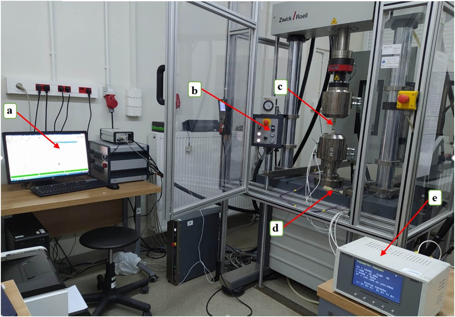 Figure 8
View of the Zwick Roell testing machine during the test. Computer stand (a), control panel of the machine (b), fixed composite sample (c), temperature compensation sample (d) and strain gauge measuring system (e).