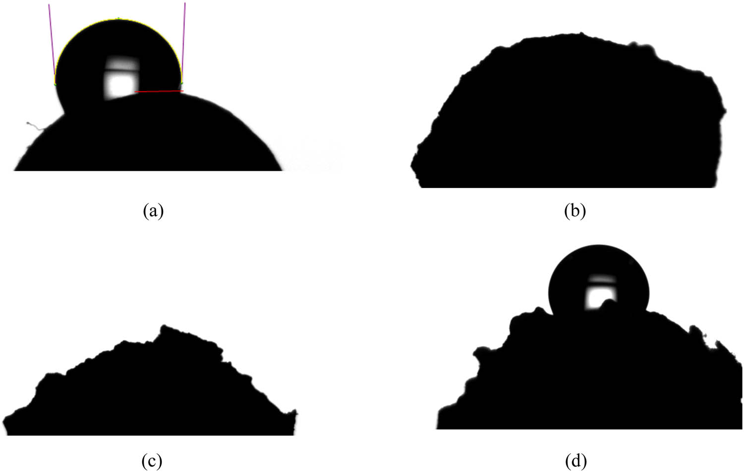 Figure 3 
                  Contact angle test of EPS particle and wrapped EPS particle: (a) contact angle of EPS particle, (b) contact angle of MPC coating, (c) contact angle of UHPC coating, and (d) contact angle of WPU coating.
               