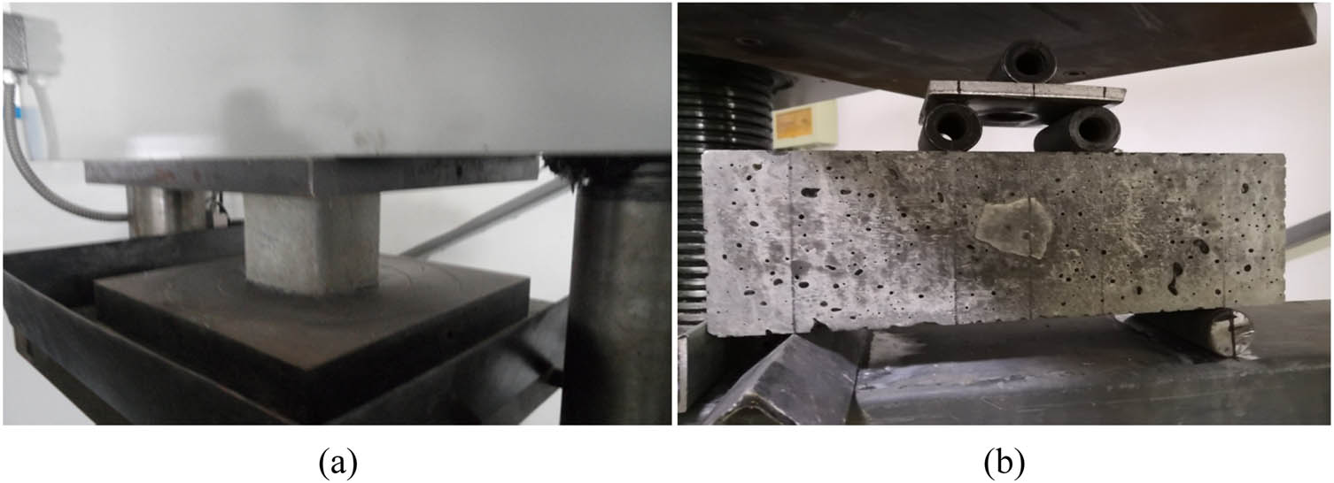 Figure 4 
                  Compressive and flexural test device: (a) concrete strength test and (b) concrete flexural test.
               