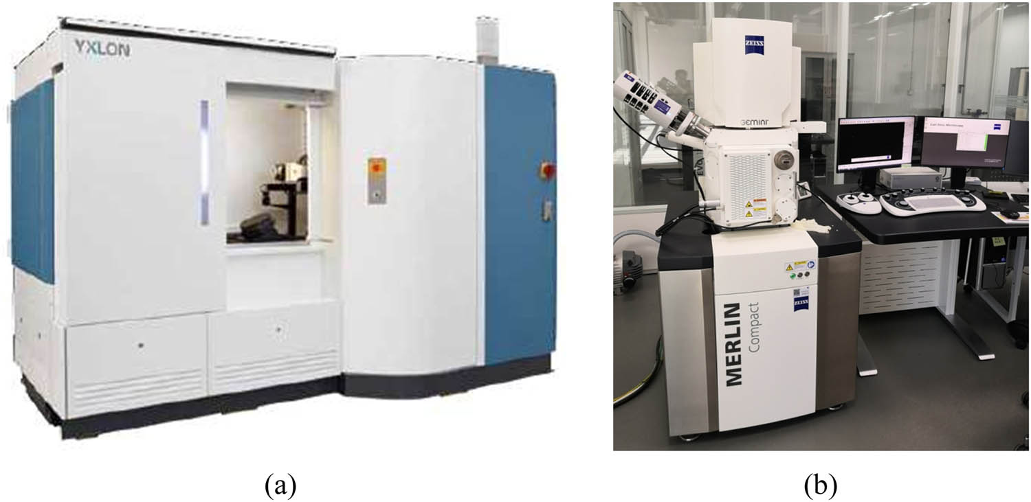 Figure 5 
                  Microperformance test instrument: (a) CT testing machine and (b) SEM.
               
