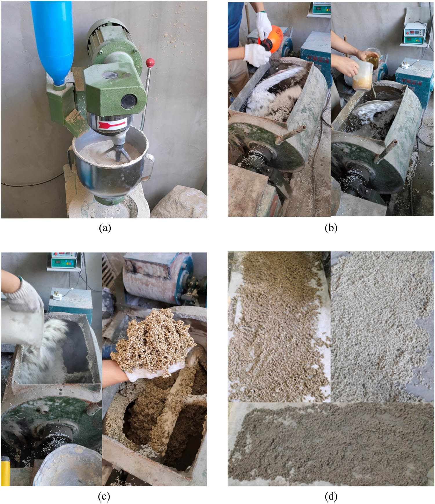 Figure 1
Manufacturing process of wrapped EPS beads: (a) powder mixing, (b) drop in solvent or WPU, (c) EPS beads wrapping, and (d) aging of wrapped EPS beads.