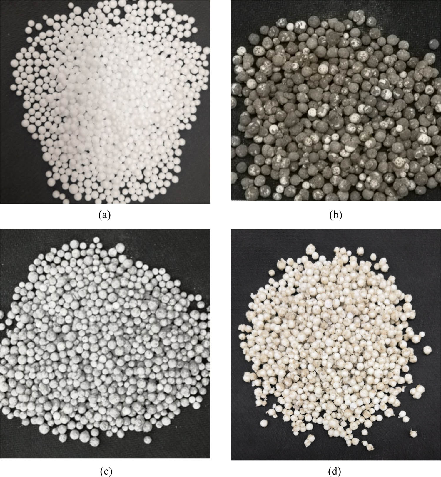 Figure 2
Unwrapped EPS beads and wrapped EPS beads: (a) unwrapped EPS beads, (b) EPS beads wrapped with MPC, (c) EPS beads wrapped with UHPC, and (d) EPS beads wrapped with WPU.