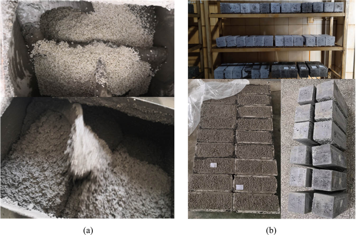 Figure 3
Manufacturing process of EPS concrete specimens: (a) concrete mixing and (b) specimens forming.