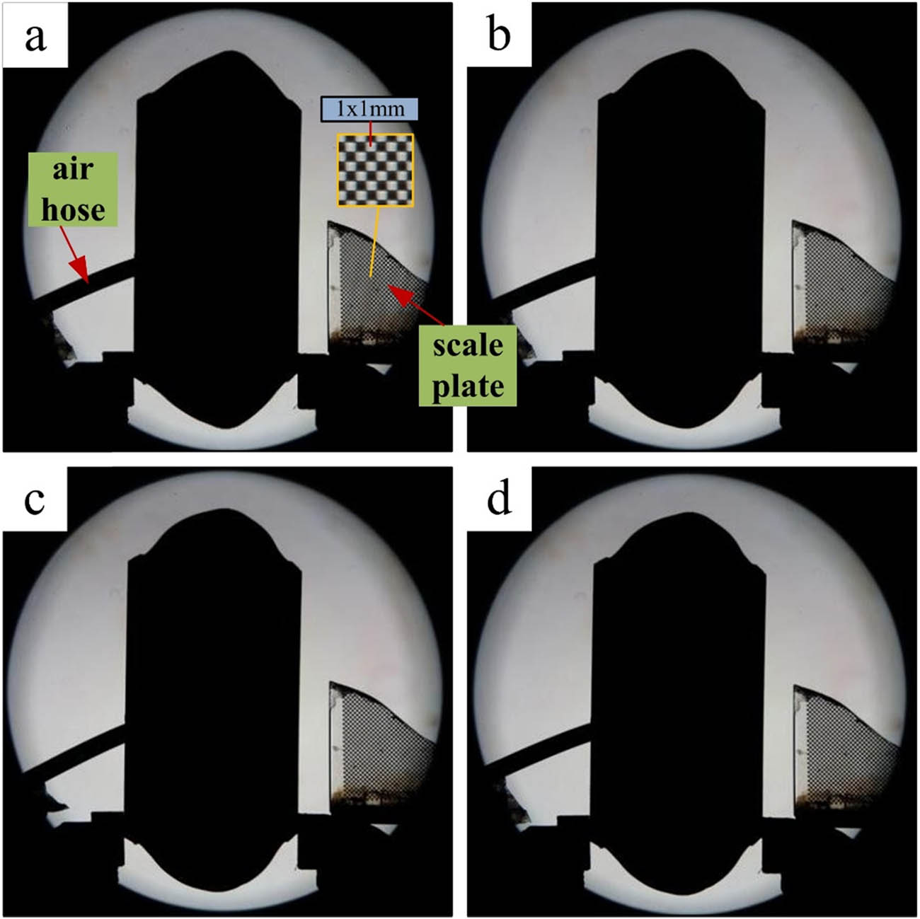 Figure 15
Schlieren photograph of centerbody. (a) Initial profile; (b) 0.2 MPa bump profile; (c) 0.4 MPa bump profile; (d) 0.6 MPa bump profile.