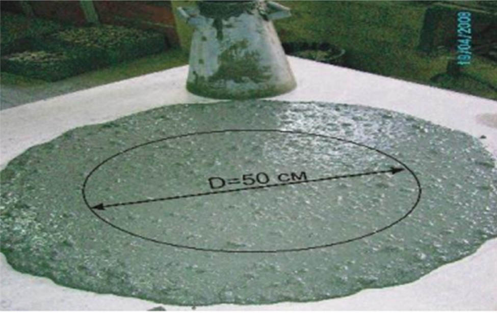 Figure 3 
                Determination of the flowing time of the mixture (slump flow time, T
                  500, s).