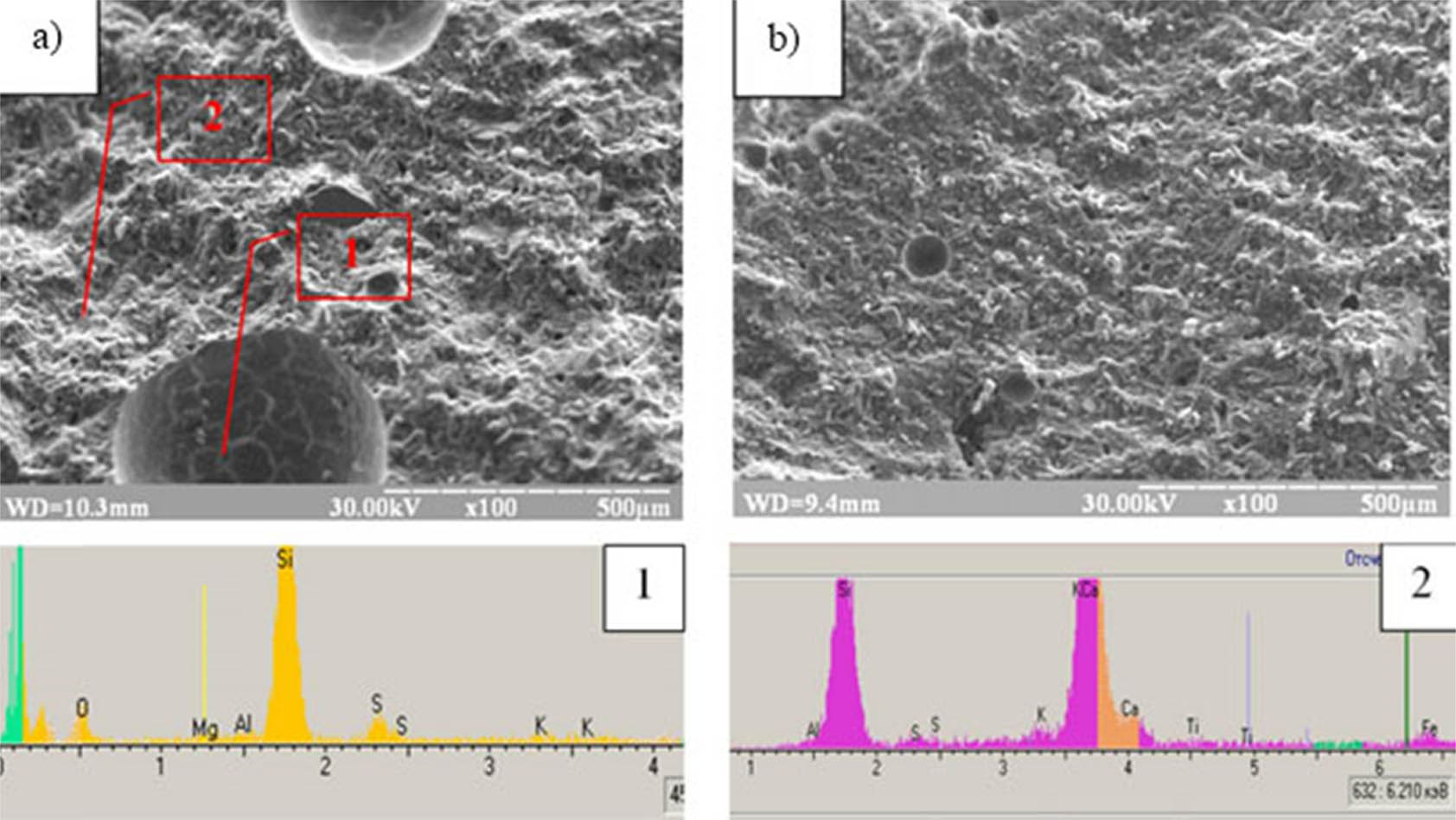 Figure 7 
                Appearance and EDS of cement paste samples: (a) CNTs are dispersed in the PNS medium and (b) CNTs are dispersed in the HMWOC medium.