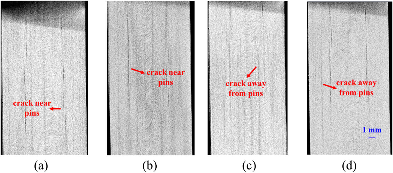 Figure 6 
                  Microscopic morphology at different locations through the second direction of composite reinforced by 0.1 mm Z-pin after moisture coupled with flexural load for 7 days. (a and b) Show crack near pins; (c and d) show crack away from pins.