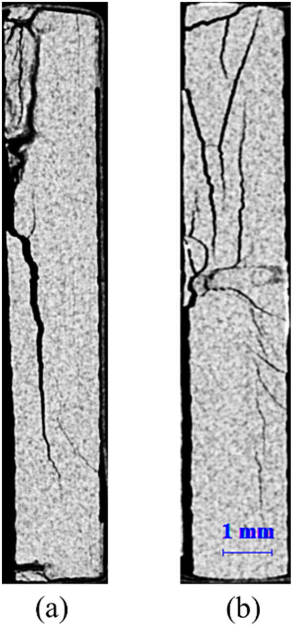 Figure 9 
                  Microscopic morphology through the third direction of (a) composite and (b) Z-pin composite under three-point failure after moisture coupled with flexural load for 7 days.