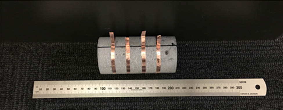 Figure 3 
                  Samples with copper tapes every 2 cm.