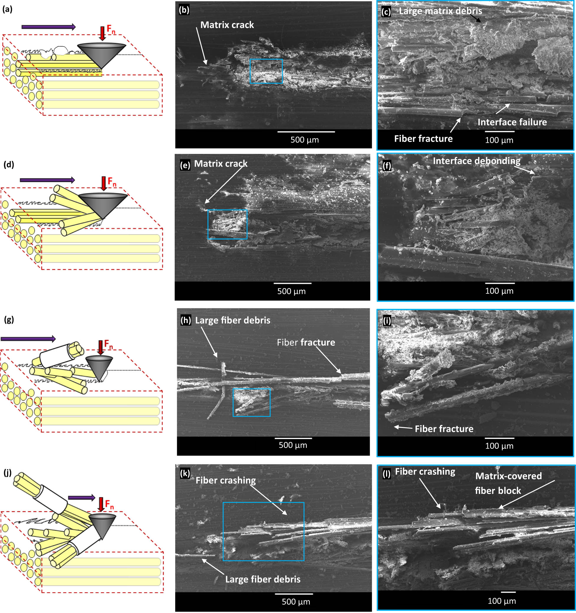 Figure 3 
                  Wear scenarios and SEM micrographs emphasizing the SST // wear mechanisms. (a–c) θ = 45°−
                        F
                     
                     
                        n
                      = 20 N, (d–f) θ = 45°−
                        F
                     
                     
                        n
                      = 50 N, (g–i) θ = 60°−
                        F
                     
                     
                        n
                      = 20 N, and (j–l) θ = 60°−
                        F
                     
                     
                        n
                      = 50 N.
               