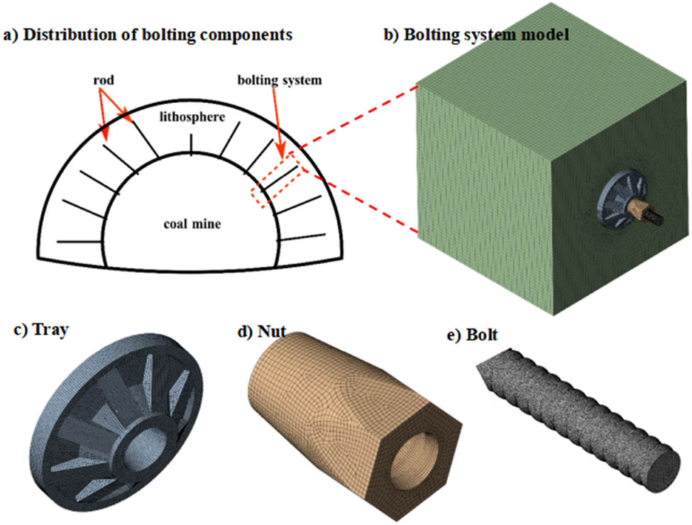 Figure 3
Digital model design and meshing. (a) Distribution of bolting components, (b) bolting system model, (c) tray, (d) nut, and (e) bolt.