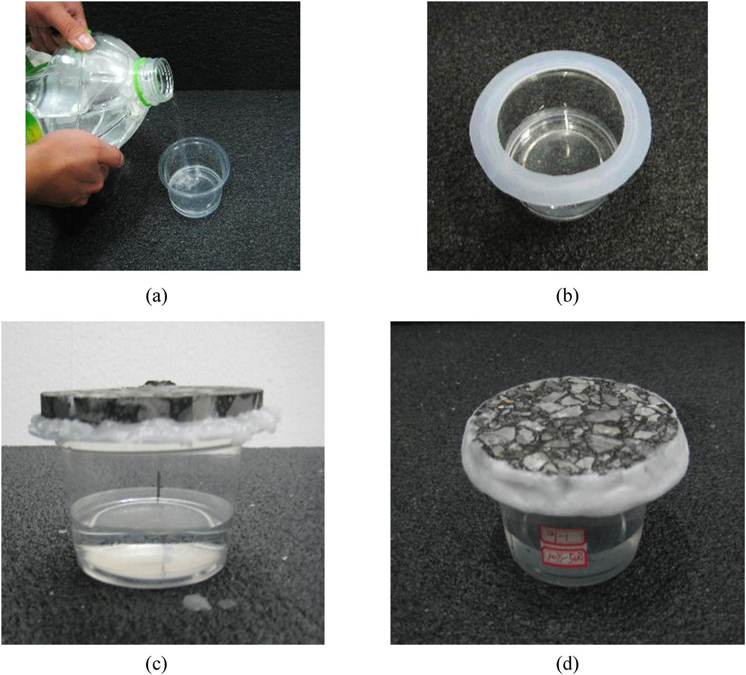 Figure 10
Assembly process of moisture diffusion device. (a) Inject distilled water into the container, (b) paste the circular silicone gasket, (c) paste the test piece, and (d) test device finished product.