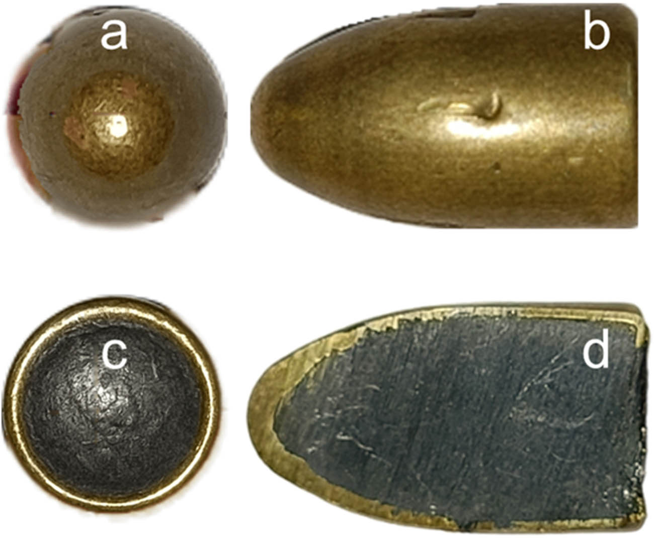 Figure 5 
                  MU1-TJ bullet: (a) front view, (b) side view, (c) back view, and (d) cross-sectional view.
               