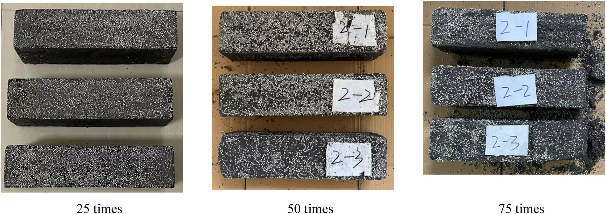 Figure 8
Freeze–thaw damage morphology of Group 2 specimens.
