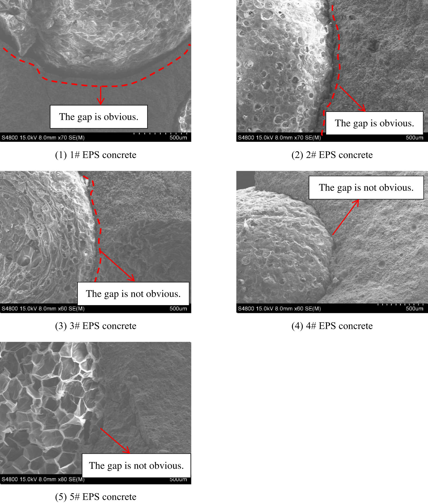 Figure 16
ITZ structures of EPS concrete after freeze–thaw. (1) 1# EPS concrete. (2) 2# EPS concrete. (3) 3# EPS concrete. (4) 4# EPS concrete. (5) 5# EPS concrete.