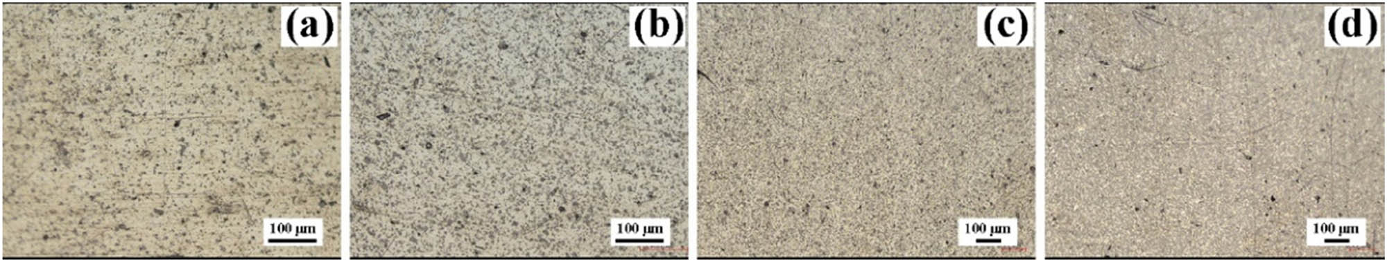 Figure 4
Optical micrographs of (a) Ag–10 vol% Ti2SnC; (b) Ag–20 vol% Ti2SnC; (c) Ag–30 vol% Ti2SnC; and (d) Ag–40 vol% Ti2SnC composite.