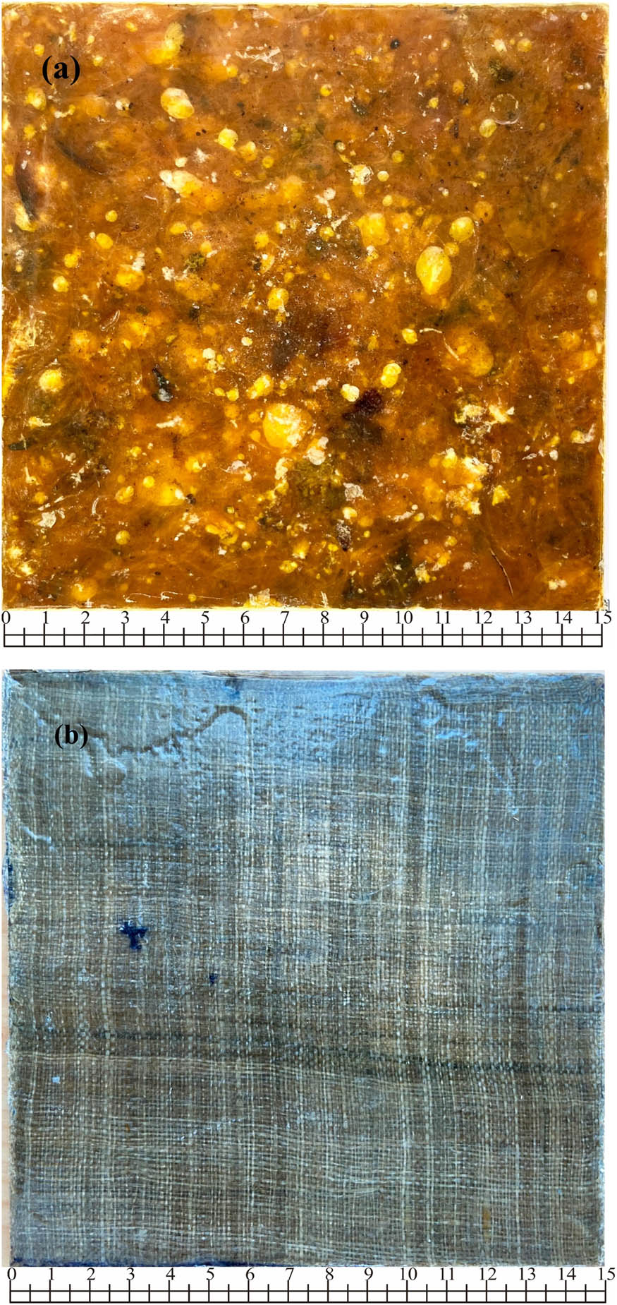 Figure 2
Composite plate samples before impact test with size 15 cm × 15 cm: (a) hybrid silkworm cocoon waste-reinforced epoxy/UHMWPE composite and (b) hybrid hemp woven-reinforced epoxy/UHMWPE composite.