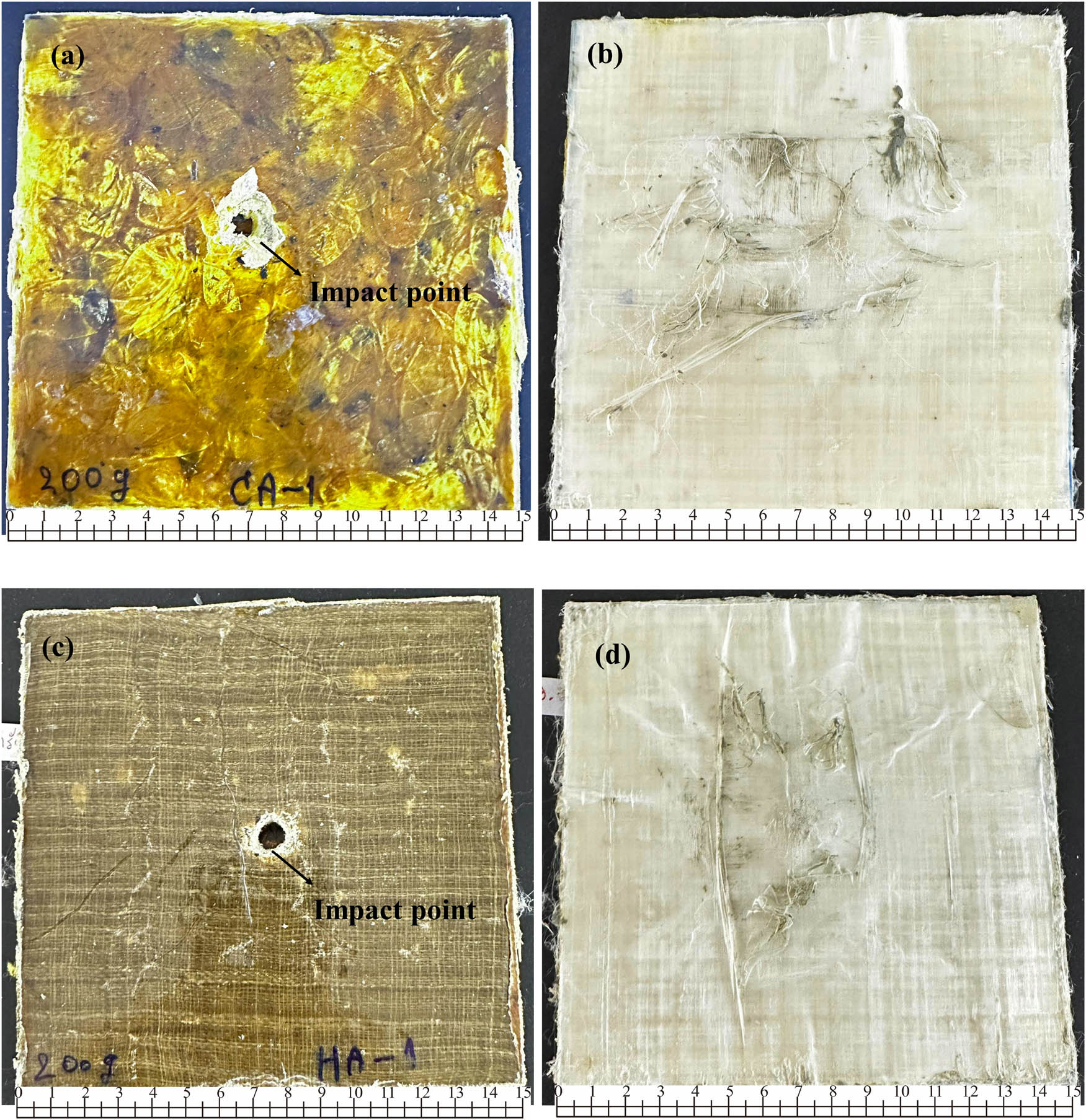 Figure 7
The image of composite plate samples after the impact test: (a) strike face of cocoon waste composite and (b) rear face of cocoon waste composite, (c) strike face of hemp woven composite, and (d) rear face of hemp woven composite.