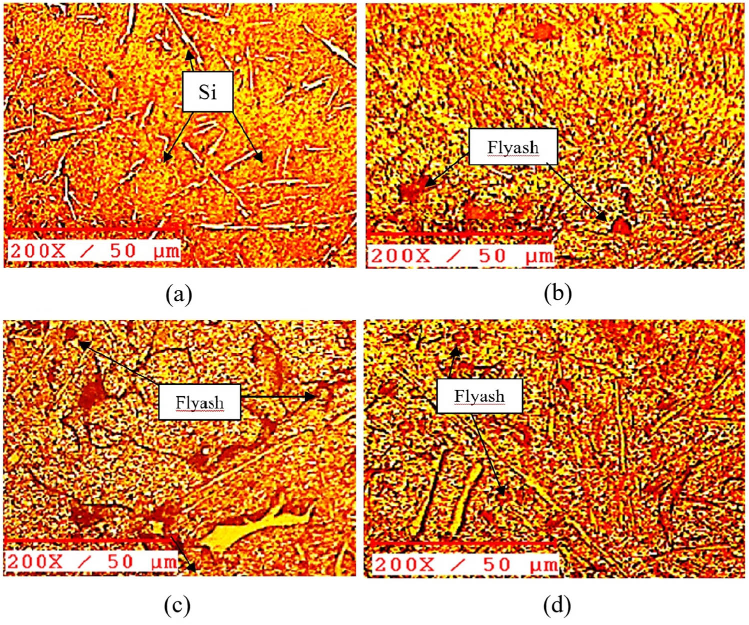 Figure 5
(a–d) Micrographs of LM6 and LM6/Fly ash composites. (a) Al alloy (LM6). (b) LM6 + 3% fly ash. (c) LM6 + 6% fly ash. (d) LM6 + 9% fly ash.