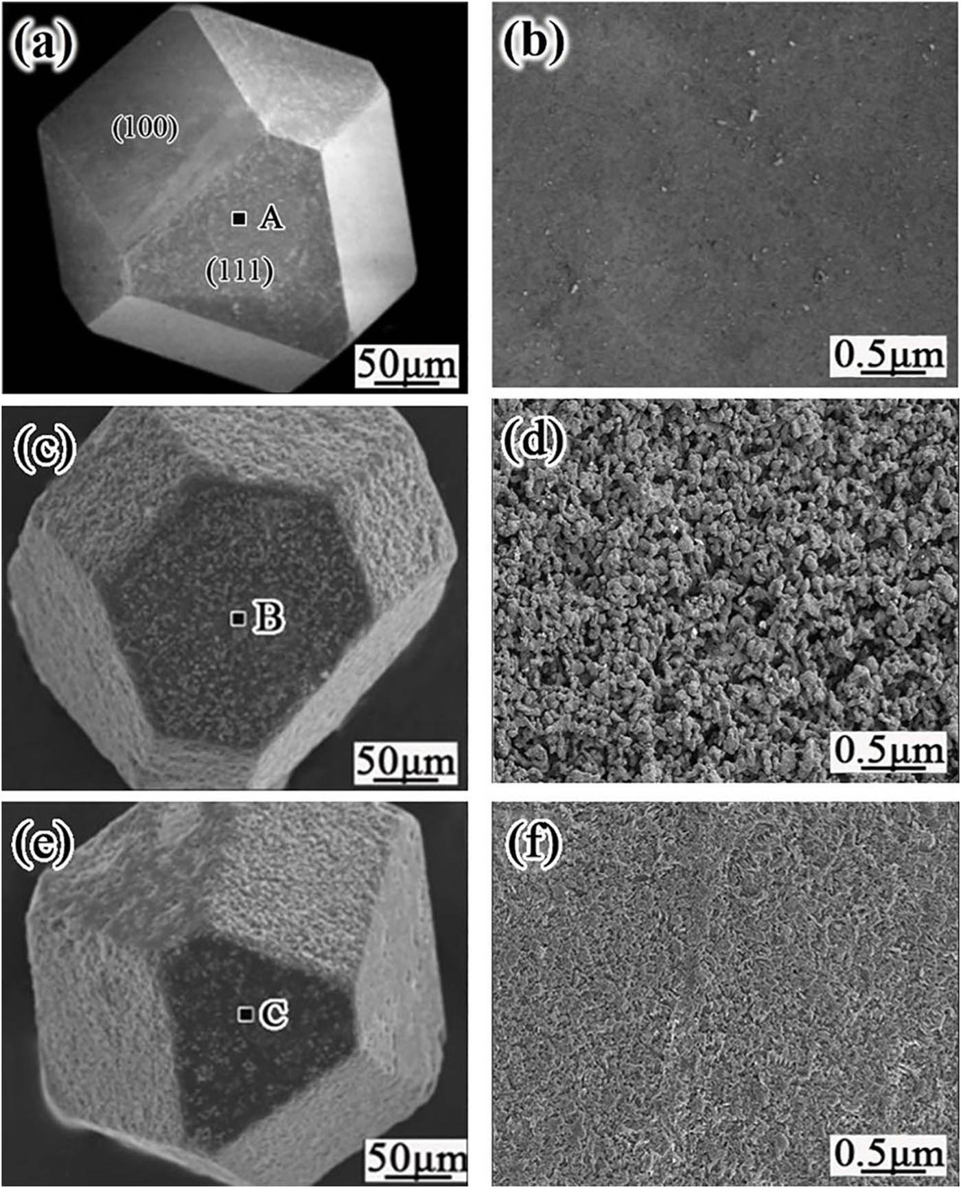 Figure 2
Microstructures of Mo2C-coated diamonds at 1,000°C for different deposition time: (a) as-received diamond, (b) magnified view of the region in (a), (c) deposition time of 50 min, (d) magnified view of the region in (c), (e) deposition time of 60 min, and (f) magnified view of the region in (e).