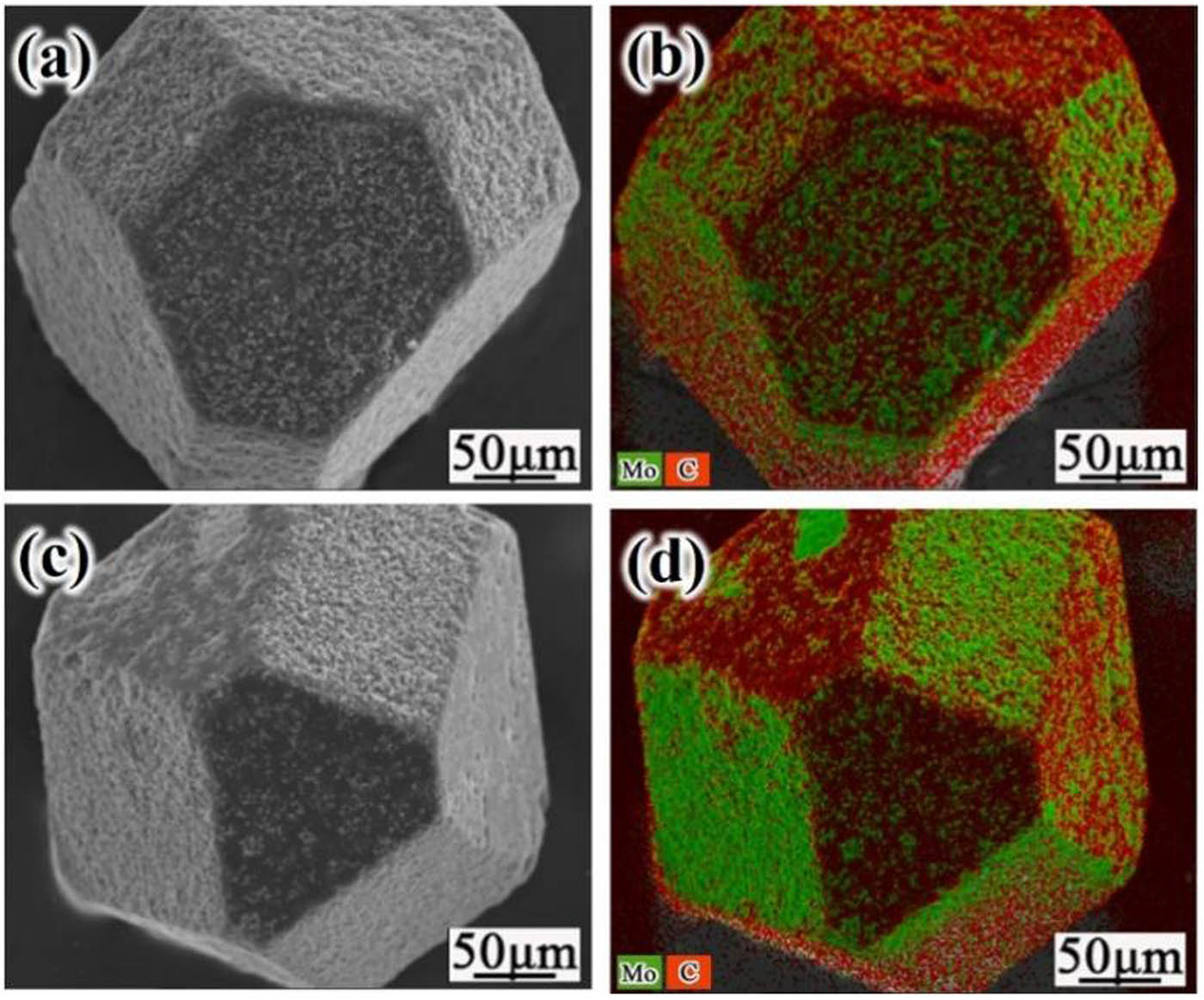 Figure 4
EDS analysis of Mo2C-coated diamonds at 1,000°C for different deposition time: (a) 50 min, (b) mapping of (a), (c) 60 min, and (d) mapping of (c).