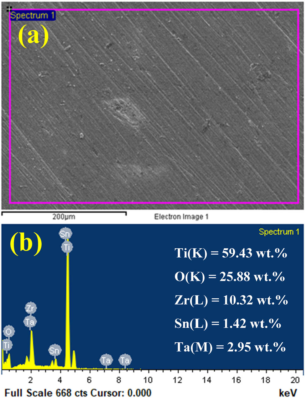 Figure 11 
                  (a) SEM image and (b) EDS profile taken from a part of the surface of TiZrTa-2%Sn alloy after performing the test shown in Figure 8 (curve 1).
               