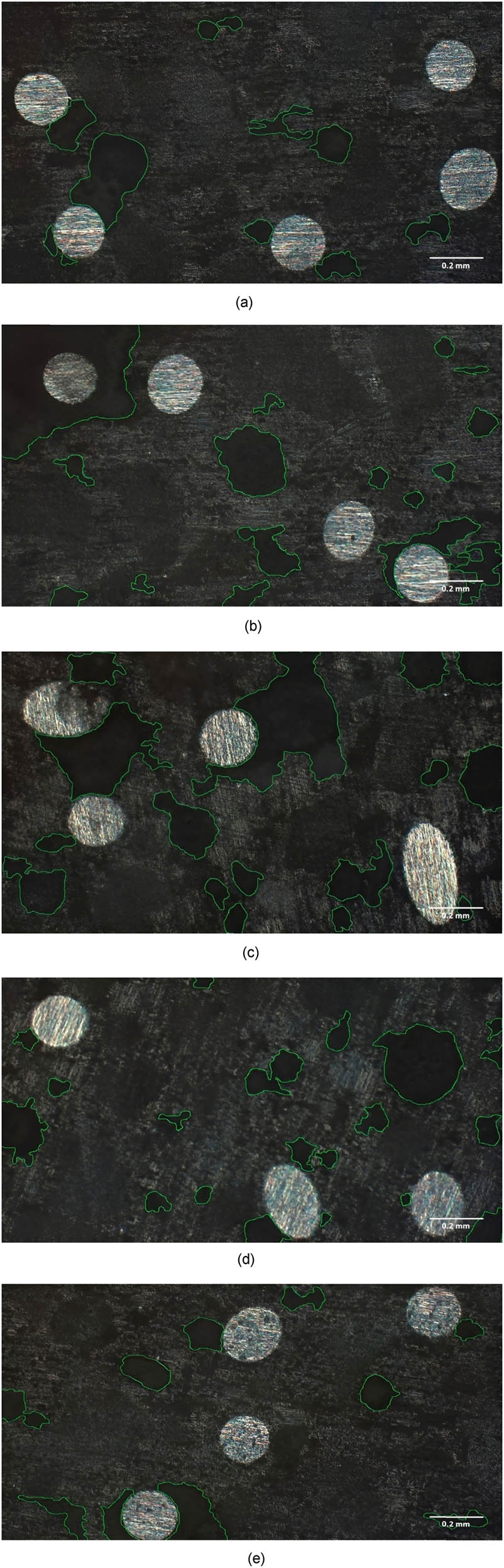 Figure 13
(a) Optical image of UHPC0 at 50×. (b) Optical image of UHPC5 at 50×. (c) Optical image of UHPC10 at 50×. (d) Optical image of UHPC15 at 50×. (e) Optical image of UHPC20 at 50×.