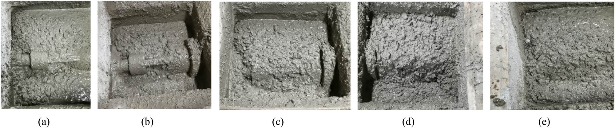 Figure 6
Pumping status of fresh HPSFC: (a) PA1SP1, (b) PA2SP1, (c) PA3SP1, (d) PA3SP2, and (e) PA3SP3.