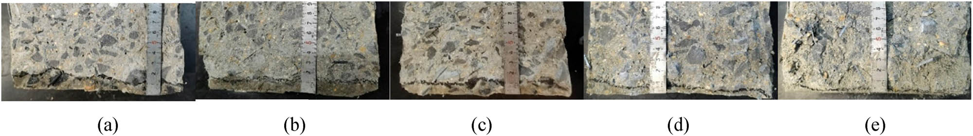 Figure 7
Water penetration depth of HPSFC changed with P/A ratio and PP-fiber content: (a) PA1SP1, (b) PA2SP1, (c) PA3SP1, (d) PA3SP2, and (e) PA3SP3.