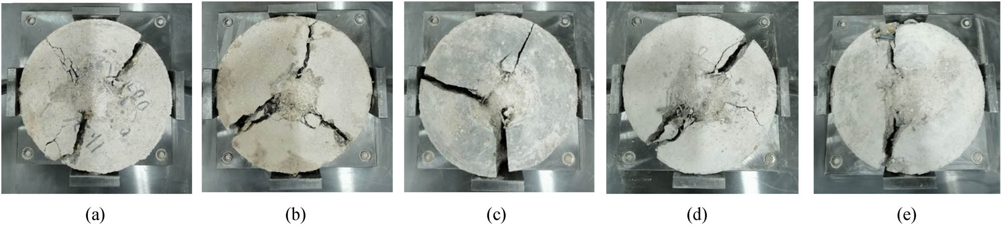 Figure 10
Impact failure patterns of HPSFC: (a) PA1SP1, (b) PA2SP1, (c) PA3SP1, (d) PA3SP2, and (e) PA3SP3.