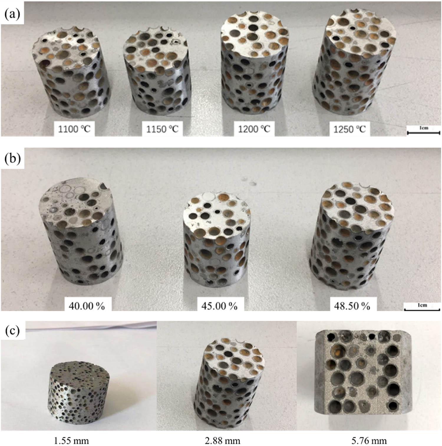 Figure 2
Sample diagram: (a) MHS A356 aluminum matrix composites with MHSs at different sintering temperatures, (b) MHS A356 aluminum matrix composites with different volume fractions of MHSs, and (c) MHS A356 aluminum matrix composites with different diameters of MHSs.