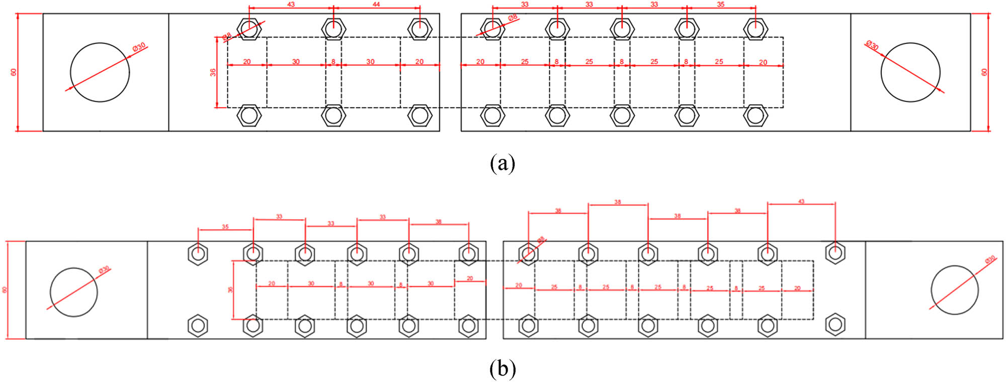 Figure 6
Top view of specimen: (a) Top view of pre-tightened two-tooth joint; and (b) Top view of pre-tightened three-tooth joint.