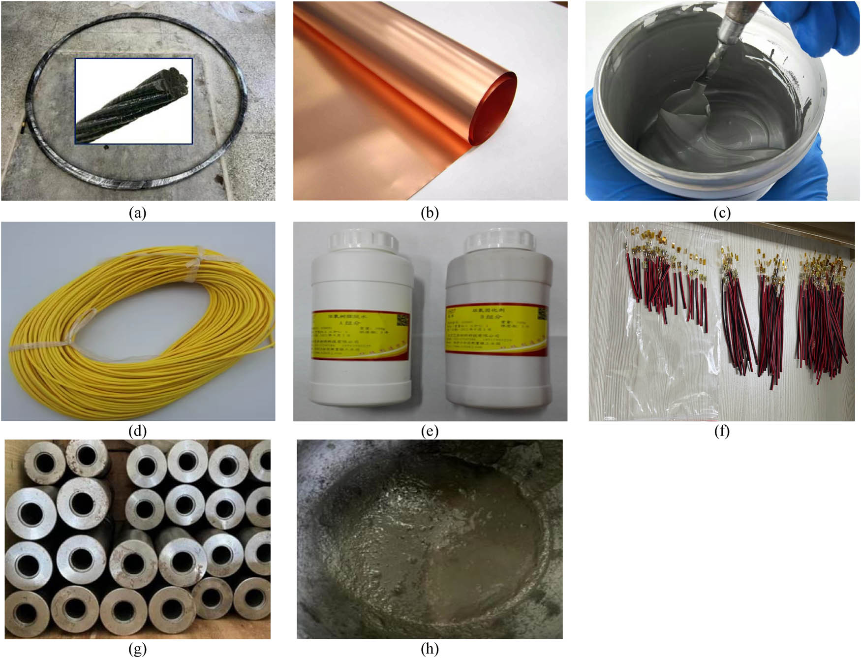 Figure 11
The components of the CFRP strand wire intelligent sensor: (a) CFRP strand wire, (b) copper foil, (c) electric conductor silver fluid, (d) copper core wire, (e) epoxy resin, (f) strain gage, (g) steel barrels, and (h) bonding medium.
