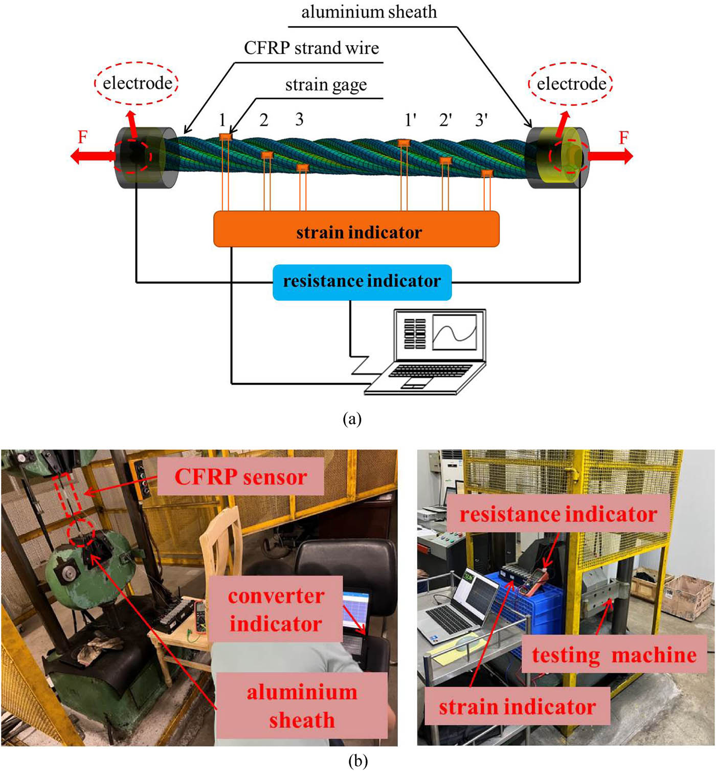 Figure 14
Experimental tests on the CFRP strand wire intelligent sensor: (a) experimental characterization diagram on the CFRP strand wire intelligent sensor and (b) test on the CFRP strand wire intelligent sensor.