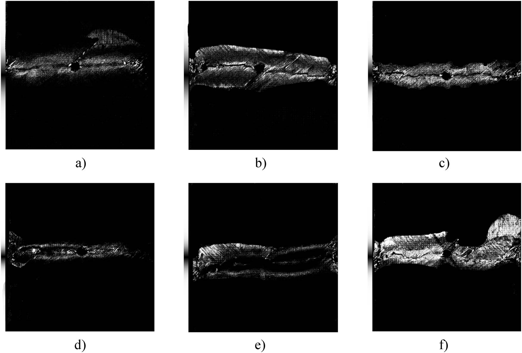 Figure 8
C-scan images of all specimens: (a) 500 h–70°C–Soak, (b) 1,000 h–70°C–Soak, (c) 2,000 h–70°C–Soak, (d) 500 h–70°C/85%, (e) 1,000 h–70°C/85%, and (f) 2,000 h–70°C/85%.