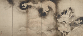 Figures 16: Sōtatsu Tawaraya (俵屋 宗達). Early seventeenth century. Dragons and Clouds (left wing, ascending dragon; right wing, descending dragon). Pair of six-panel screens. Ink and pink tint on paper. 171.5 × 374.3 cm. Smithsonian Freer and Sackler Galleries, Washington D.C., Gift of Charles Lang Freer, F1905.229–230.